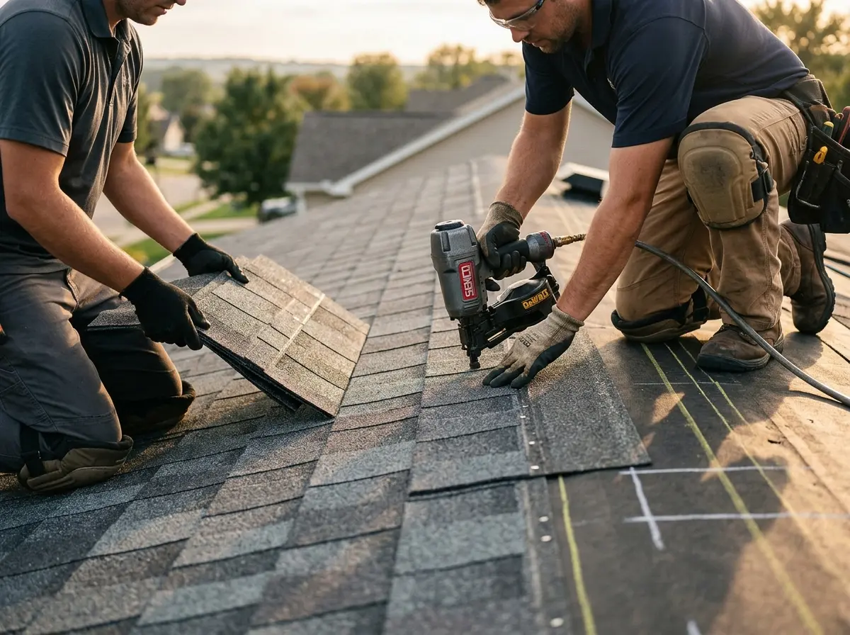 Professional roofer working on a residential roof in Fairview Shores